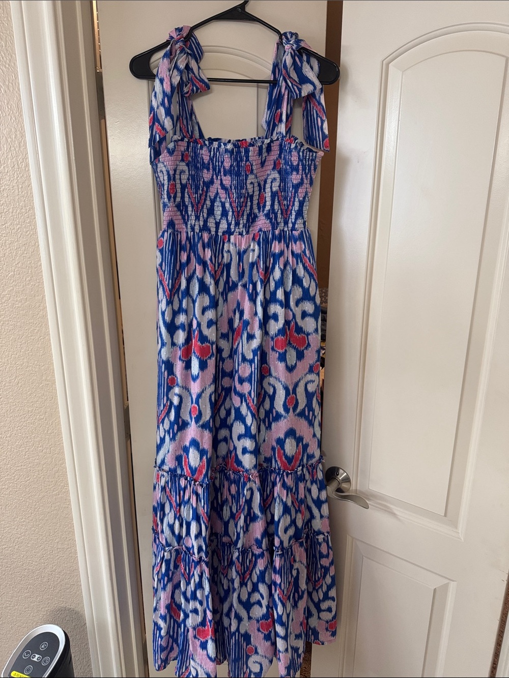 crown & ivy Blue and Pink Tie-Shoulder Smocked Maxi Dress